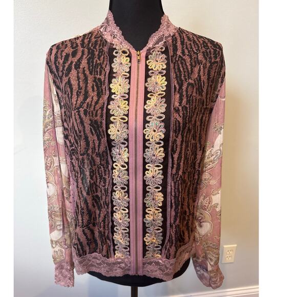 Jaipur 90's Y2K Pink Lace Floral Zip Long Sleeve Top Fairy Sequin Metallic XL - Picture 2 of 10